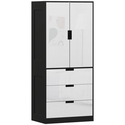 HOMCOM 2 Door Wardrobe, Modern Wardrobe with 3 Drawers and Hanging Rod for Bedroom, High Gloss White 