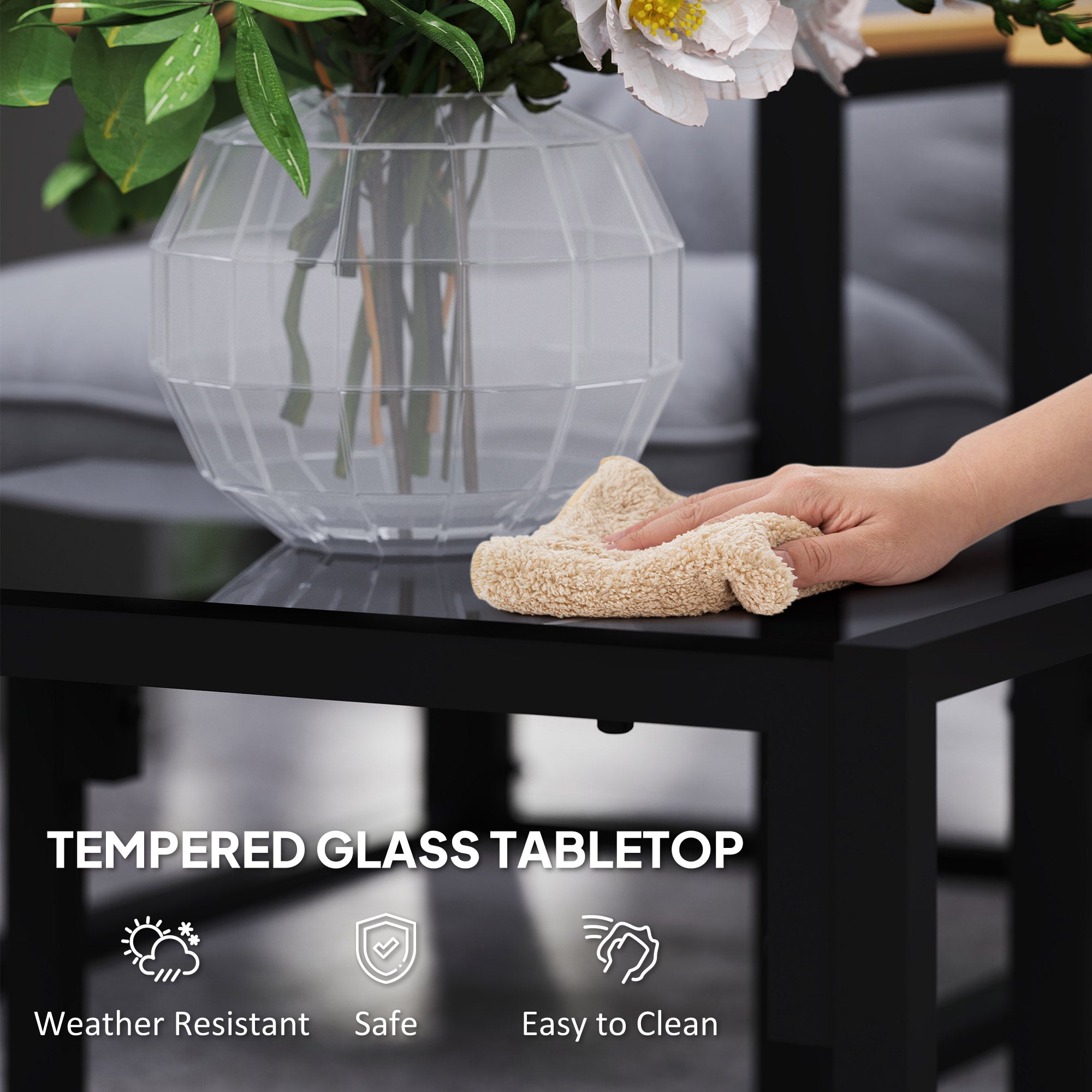 Outsunny Garden Furniture Set, 4 Piece Indoor Outdoor Conservatory with Loveseat Sofa, Armchairs, Glass Top Coffee Table, Cushions for Balcony, Poolside, Patio, Light Grey 