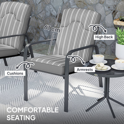 Outsunny 3-Piece Patio Bistro Set, 5-Position Adjustable Recliner Garden Chairs and Tempered Glass Table, Garden Furniture Set with Cushions, High Back, Armrests, Metal Frame for Balcony Patio, Grey 