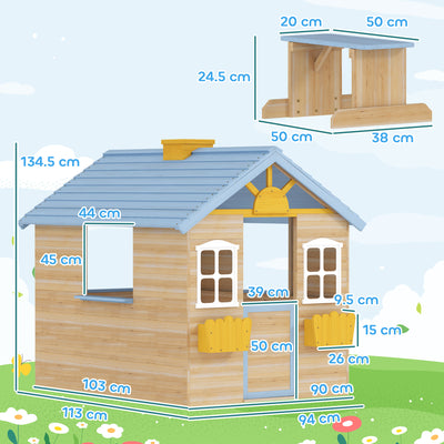 Outsunny Wooden Playhouse, Wendy House w/ Door, Bench, Flowerpot Holder, For Ages 3-7 Years, Blue 