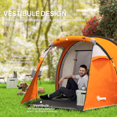 Outsunny 2-3 Man Tunnel Tents w/ Vestibule Camping Tent Porch Air Vents Weather-Resistant Shelter, Orange 