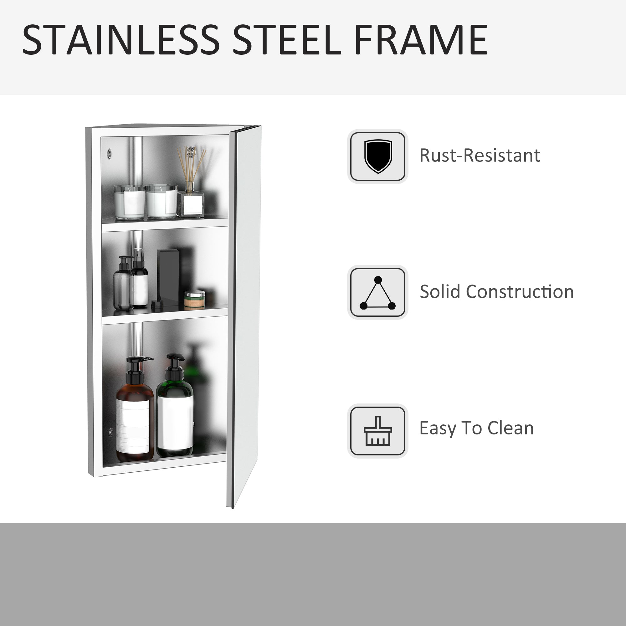 HOMCOM Stainless Steel Wall mounted Bathroom Corner Mirror Storage Cabinet Single Door 300mm (W) 