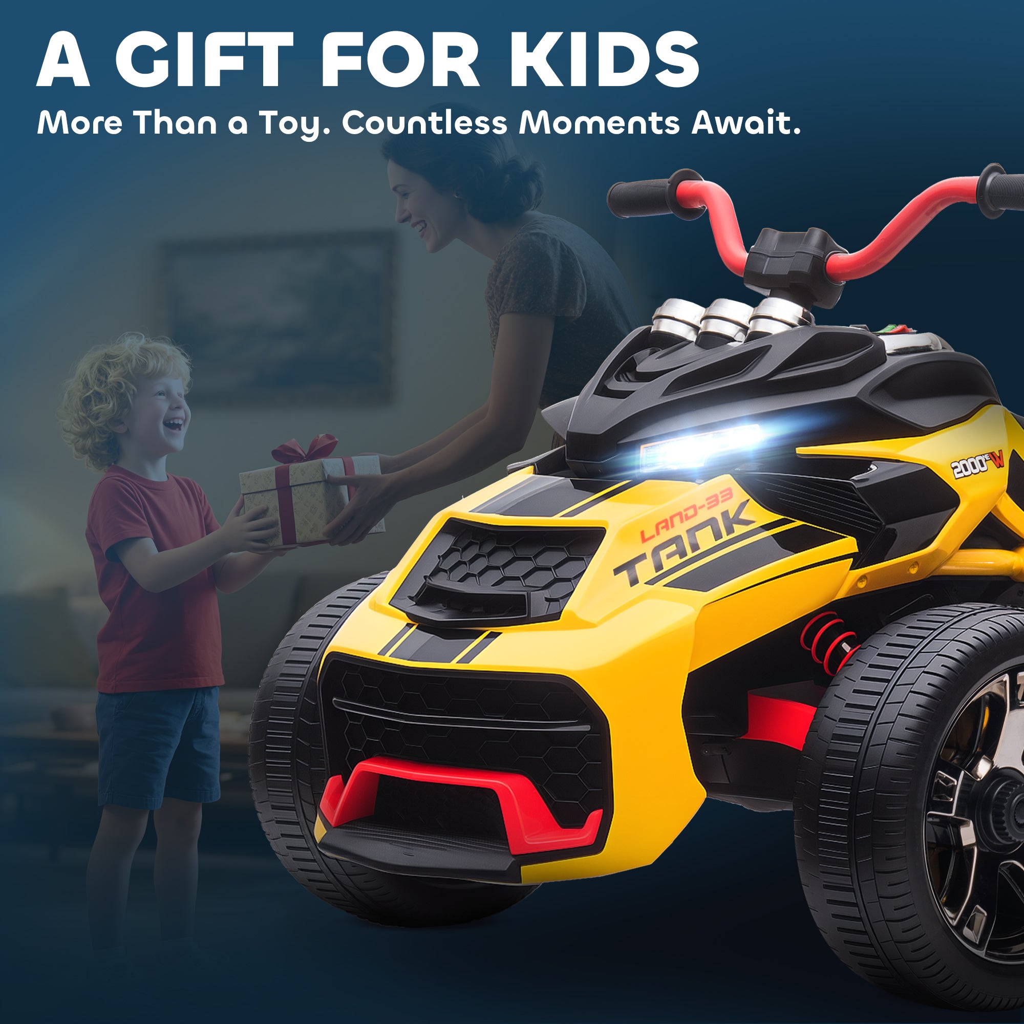 AIYAPLAY 12V Kids Electric Ride On Car with 3 Wheeler, MP3 Player, Horn, 2 Speeds, LED Lights for Boys & Girls Ages 3-8, Yellow 