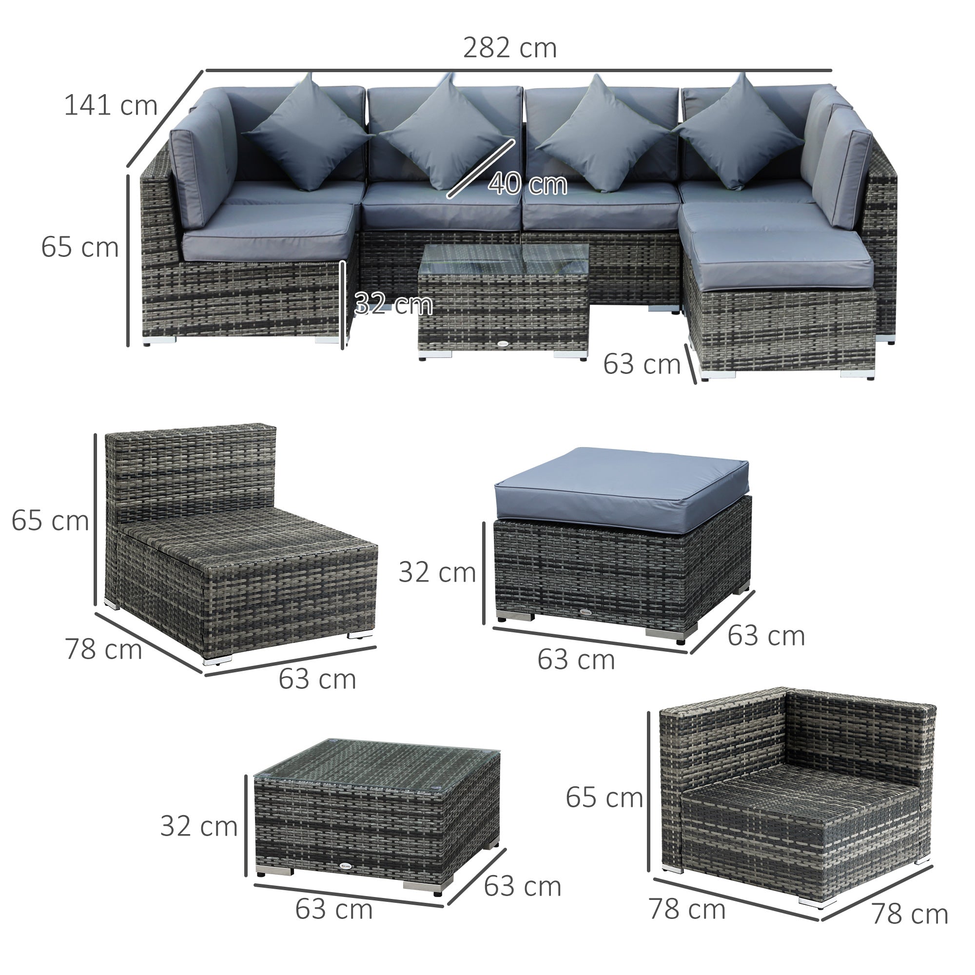 Outsunny 8 Pieces PE Rattan Corner Sofa Set with Thick Cushions, Aluminium Outdoor Rattan Garden Furniture Set with Glass Top Table, No Assembly Required, Grey 