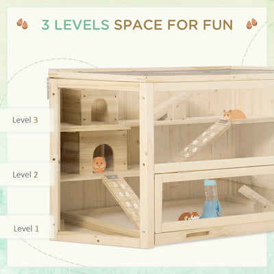 PawHut 3 Tier Wooden Large Hamster Cage with Sliding Tray, Seesaws, Water Bottle, Natural 