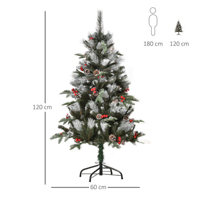HOMCOM 4FT Artificial Snow Dipped Christmas Tree Xmas Pencil Tree Holiday Home Party Decoration with Foldable Feet Red Berries White Pinecones, Green 