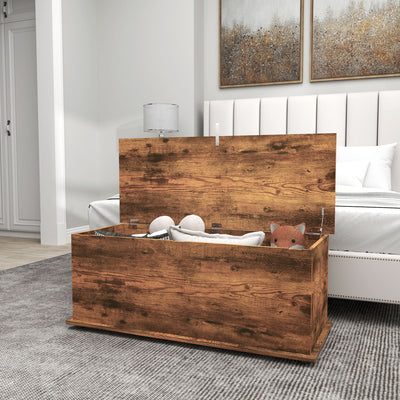 HOMCOM 113L Storage Chest, Storage Box with Flip-Top Lid and 2 Safety Hinges, Storage Trunk for Living Room, Entryway, 100 x 40 x 40 cm, Rustic Brown 