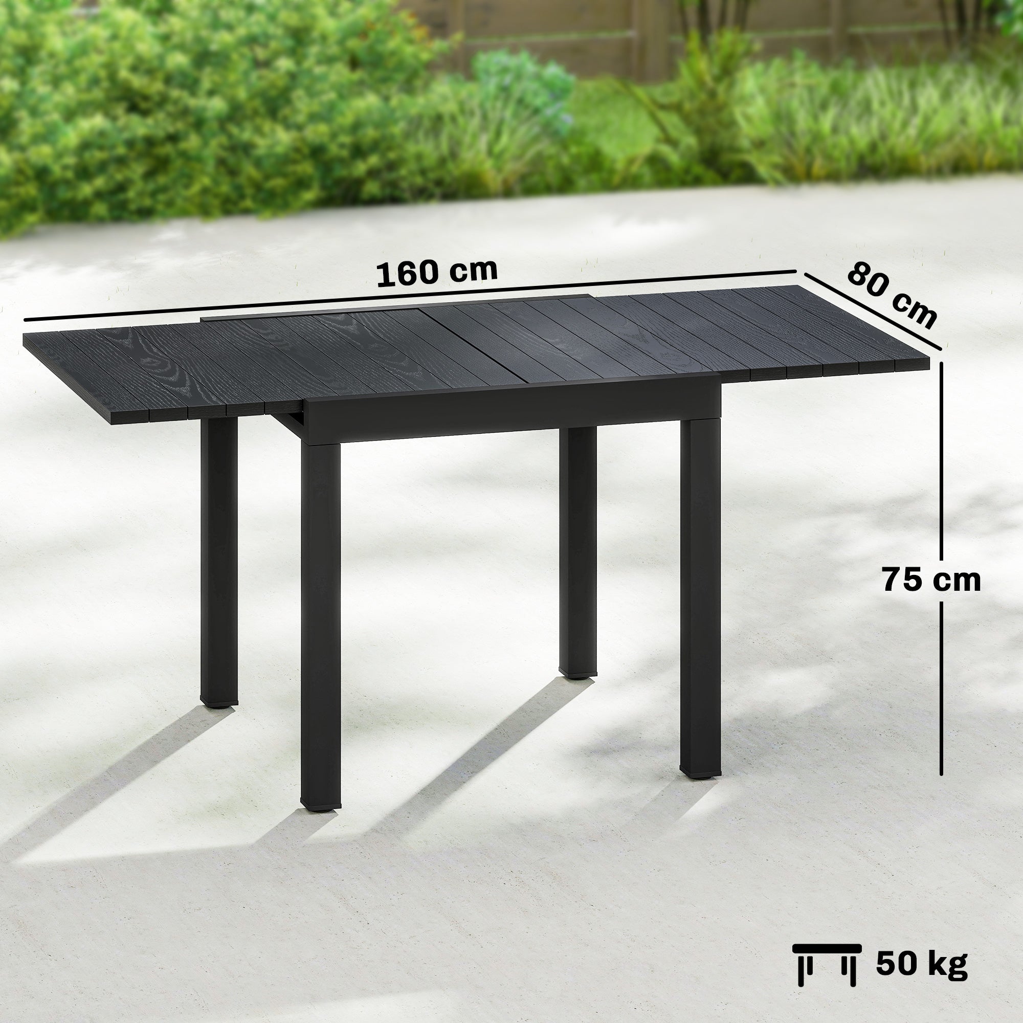 Outsunny Extending Garden Table for 4-6, Aluminium Outdoor Dining Table with Faux Wood Slatted Top, Black 