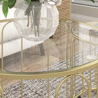 HOMCOM Round Coffee Table Set of 2, Glass Nest of Tables with Metal Frame and Tempered Glass Tabletop, Modern Side Tables for Living Room, Gold Tone 