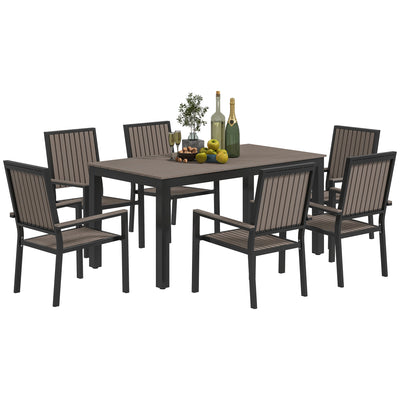 Outsunny 6 Seater Garden Dining Set with Stackable Chairs, Aluminium Frame, Rectangular Plastic Top, Garden Furniture Set, Outdoor Dining Table and Chairs for Patio, Balcony, Poolside, Brown 
