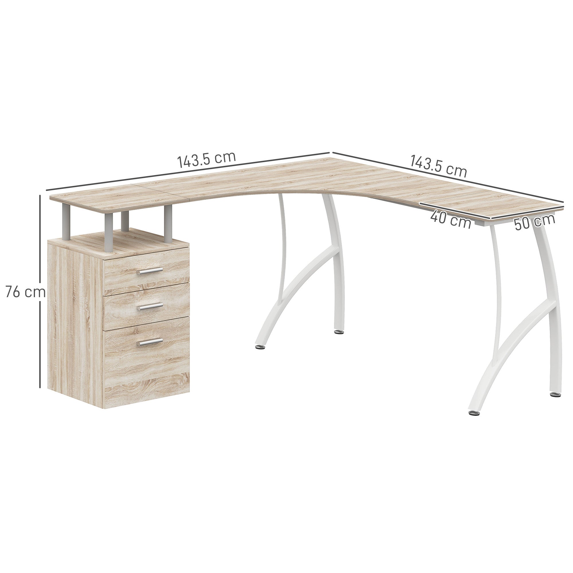 HOMCOM L-Shaped Computer Desk Table with Storage Drawer, Home Office Desk Corner Industrial Style Workstation for A4 Files 143.5 x 143.5 x 76cm, Oak 