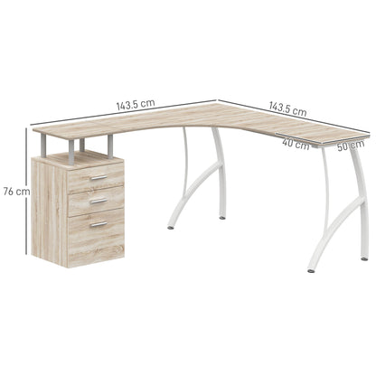 HOMCOM L-Shaped Computer Desk Table with Storage Drawer, Home Office Desk Corner Industrial Style Workstation for A4 Files 143.5 x 143.5 x 76cm, Oak 