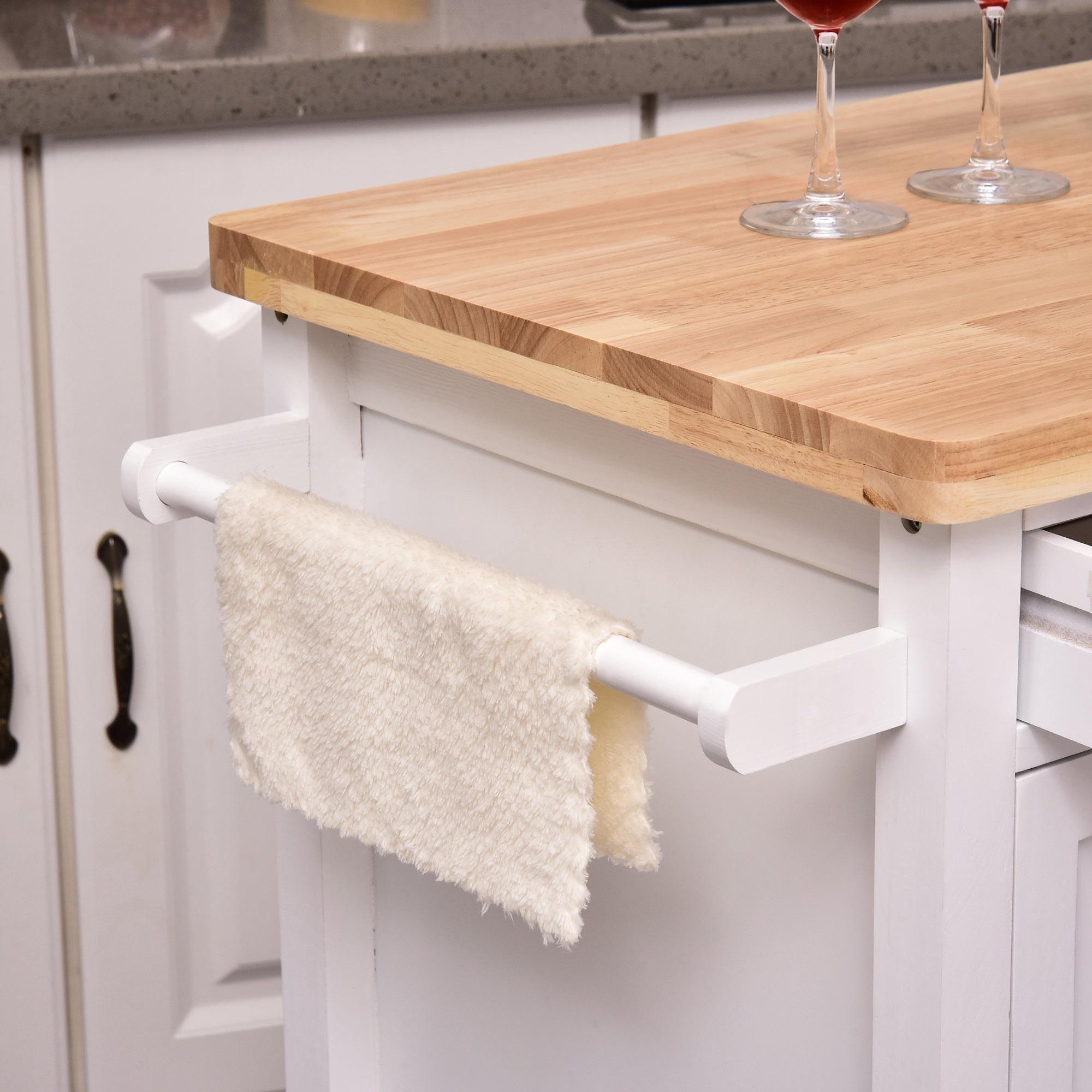 HOMCOM Kitchen Storage Trolley Cart Rolling Wheels Shelves Cupboard W/ Drawer And Towel Rail Rubber Wood Worktop White 