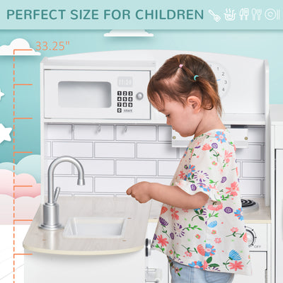 HOMCOM Kids Play Kitchen Wooden Toy Kitchen Cooking Set for Children with Drinking Fountain, Microwave, and Fridge White 