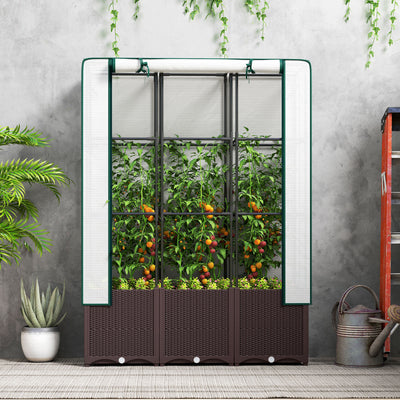 Outsunny Raised Garden Bed with Trellis, Plastic Planter Box with Drainage Holes and Drain Plugs for Climbing Plants, Vegetables, Flowers, 120 x 40 x 140 cm 