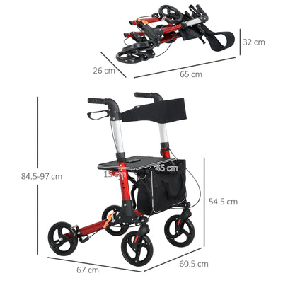 HOMCOM Folding Rollator Walker with Seat and Backrest, Lightweight Walking Frame with Detachable Storage Bag, Dual Brakes, Adjustable Handle Height, 4 Wheeled Walker for Seniors, Handicapped, Red 