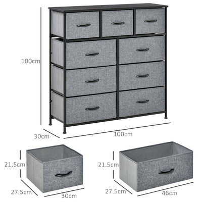 HOMCOM Nine Drawer Fabric Dresser - Grey 
