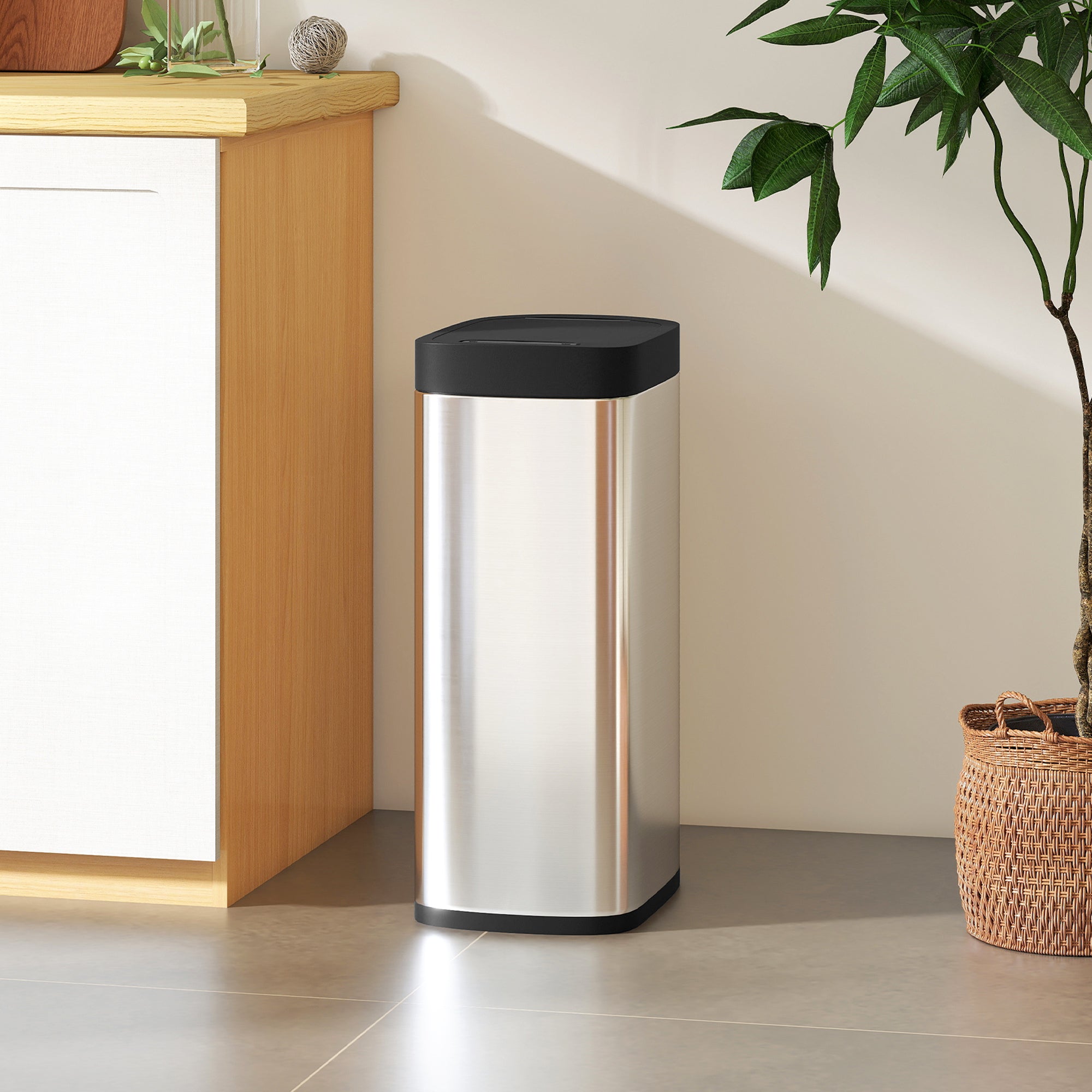 HOMCOM 50L Sensor Bin, Automatic Kitchen Bin, Manual Override, Battery Operated, Inner-Bucket-Free, for Kitchen, Bedroom 