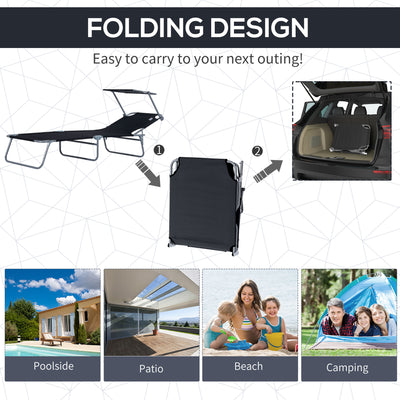 Outsunny 2 Pieces Outdoor Foldable Sun Lounger, 4 Level Adjustable Backrest Reclining Sun Lounger Chair with Angle Adjust Sun Shade Awning for Beach, Garden, Patio, Black 