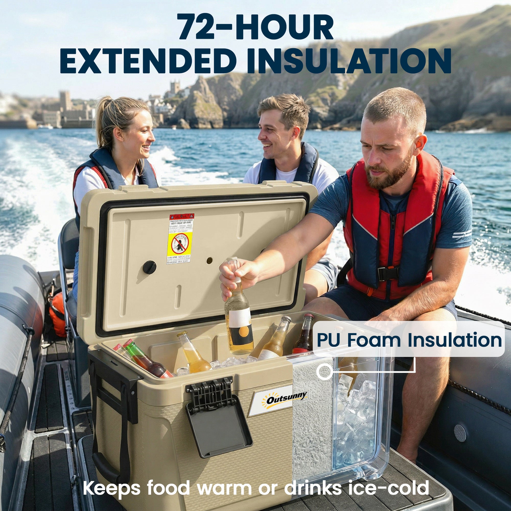 Outsunny 42.6L Insulated Cool Box, Lightweight Portable Ice Cooler with Handle, Lid and Drain Valve, Khaki 