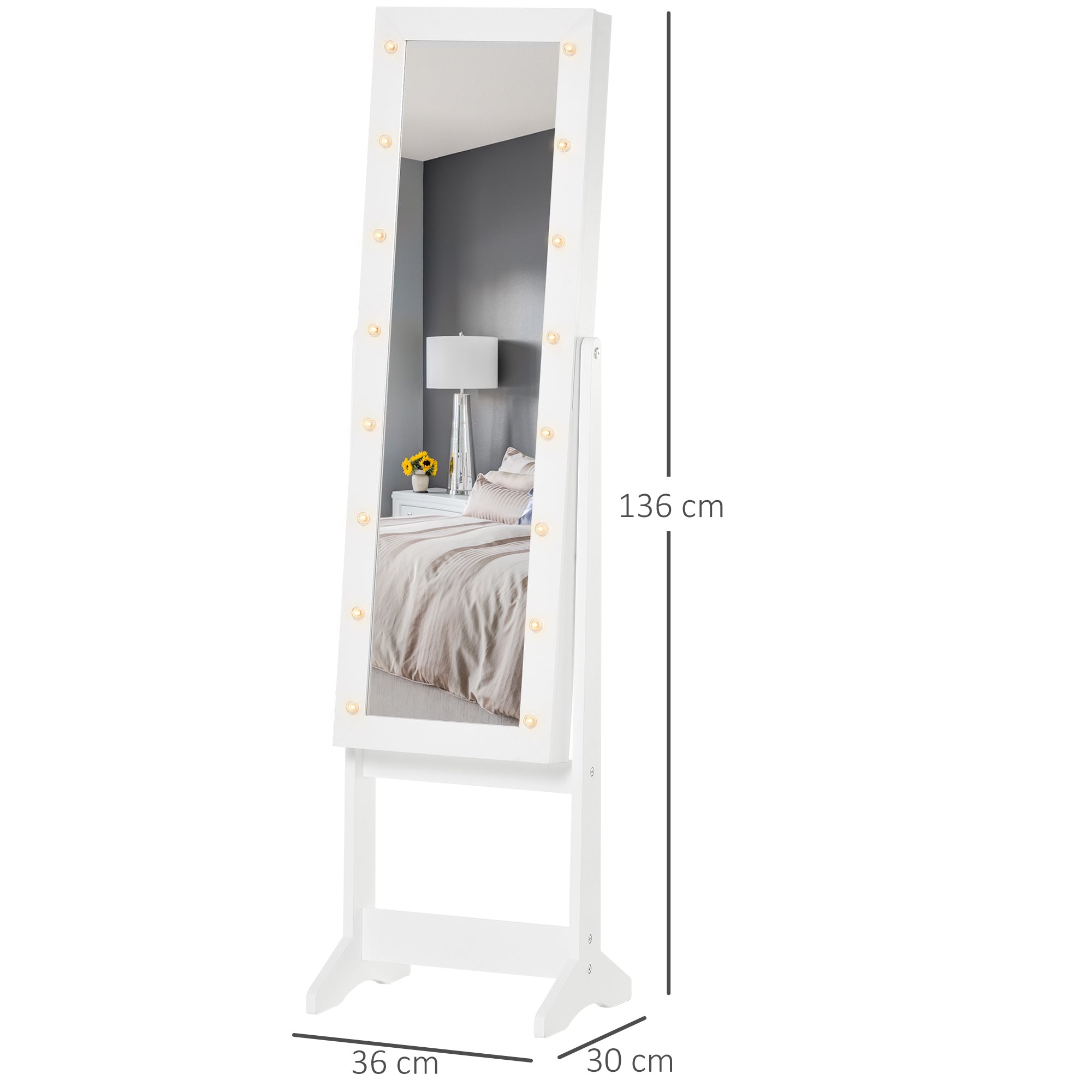 HOMCOM Free Standing LED Mirrored Jewelry Cabinet Armoire Floor Organiser W/ 3 Angle Adjustable For Rings Earrings Bracelets Cosmetics Warm White 