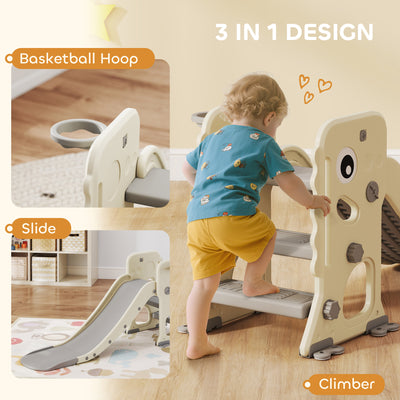 AIYAPLAY 3 in 1 Kids Slide with Climber, Basketball Hoop and Ball, Foldable Indoor Toddler Slide for Ages 2-5, Cream White 