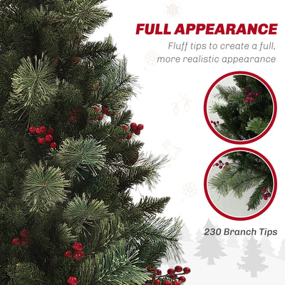 HOMCOM 1.2m/4ft Artificial Christmas Tree with 100 Warm White LED Lights and 8 Modes, Small Xmas Tree with Red Berries, Pine Cones and Retro Base, Green 