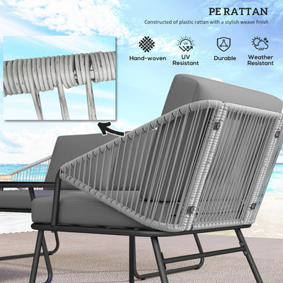 Outsunny 4 Piece Rattan Garden Furniture Set, Wicker Patio Outdoor Furniture Set with Loveseat, Armchairs, Glass Top Coffee Table and Cushions for Patio, Conservatory, Balcony, Grey 