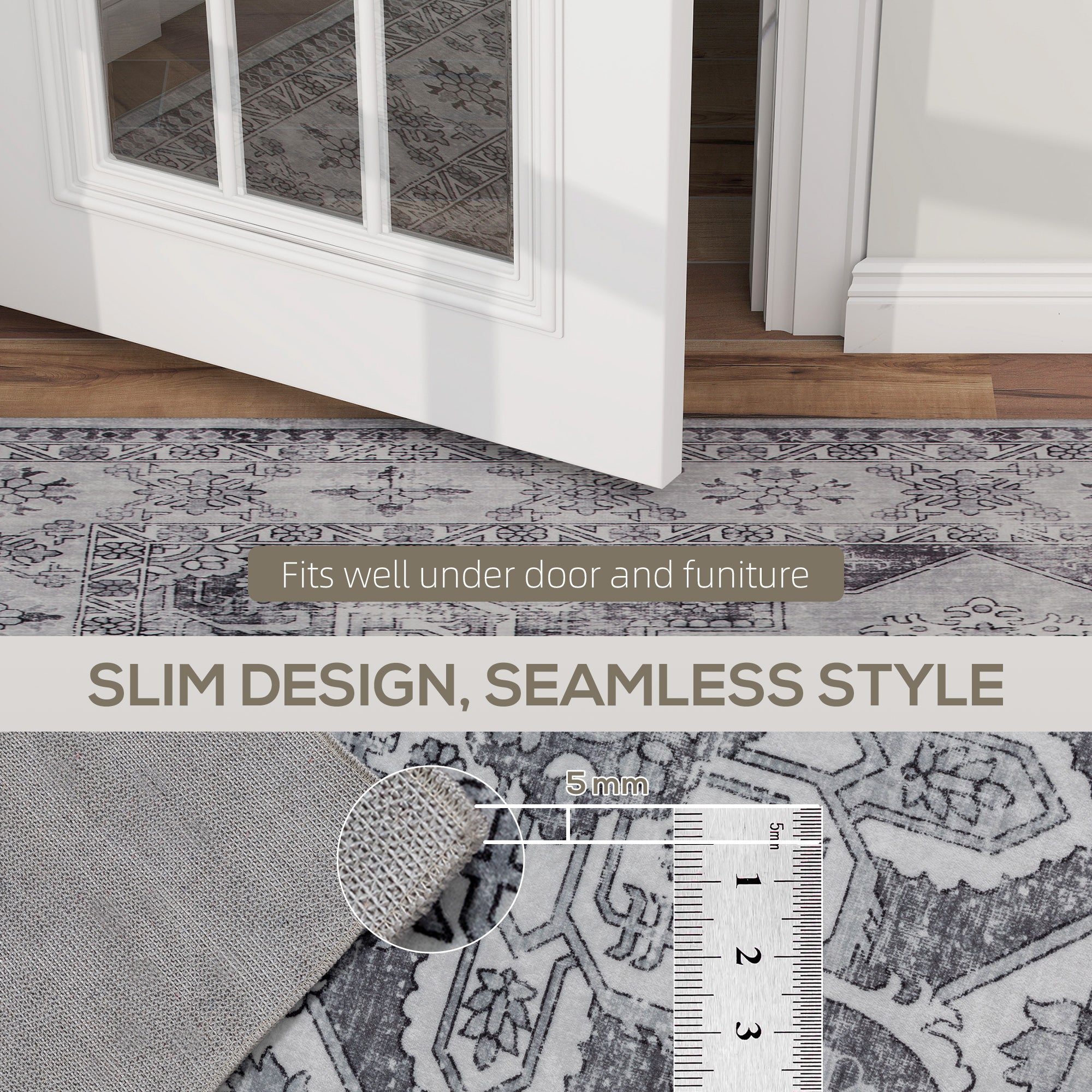 HOMCOM Vintage Area Rug, Non-Slip Washable Rug, Flannel Floor Carpet for Living Room, Bedroom, Dining Room, Home Office, 290 x 200 cm, Grey