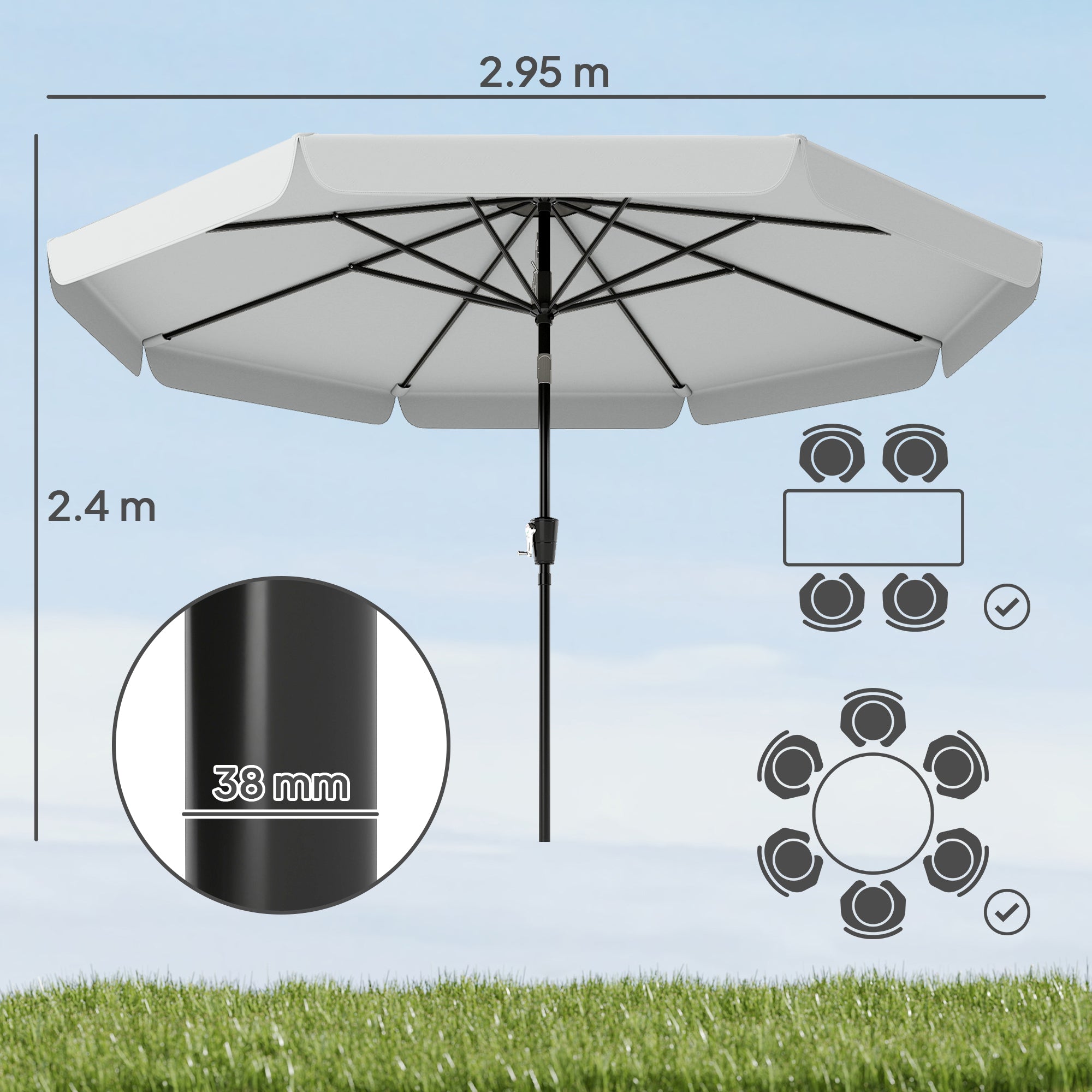 Outsunny 3 m Garden Parasol with Tilt Mechanism & Crank Handle, UPF 30+ Patio Umbrella Outdoor Table Umbrella, Light Grey 
