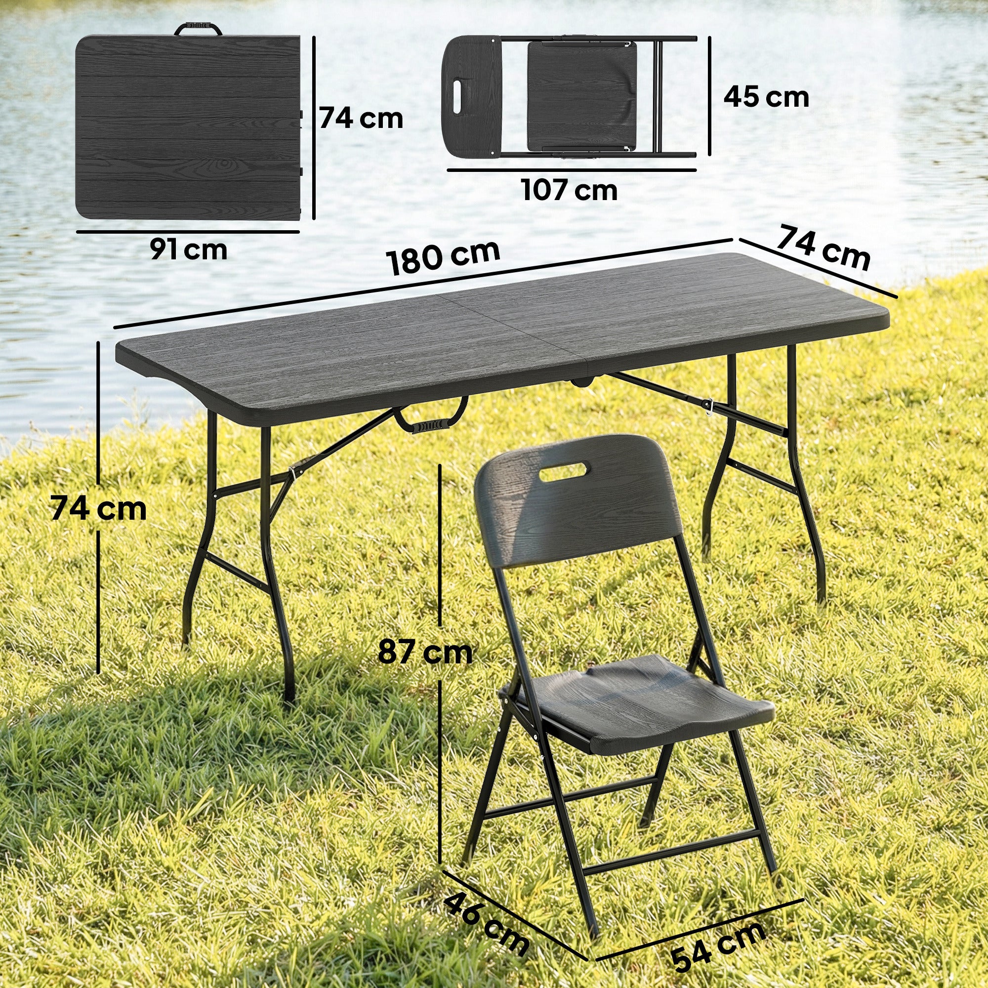 Outsunny 5 Piece 6ft Foldable Table and Chairs, Portable Picnic Table Set with 4 Chairs, Waterproof Top and Steel Frame, Black 