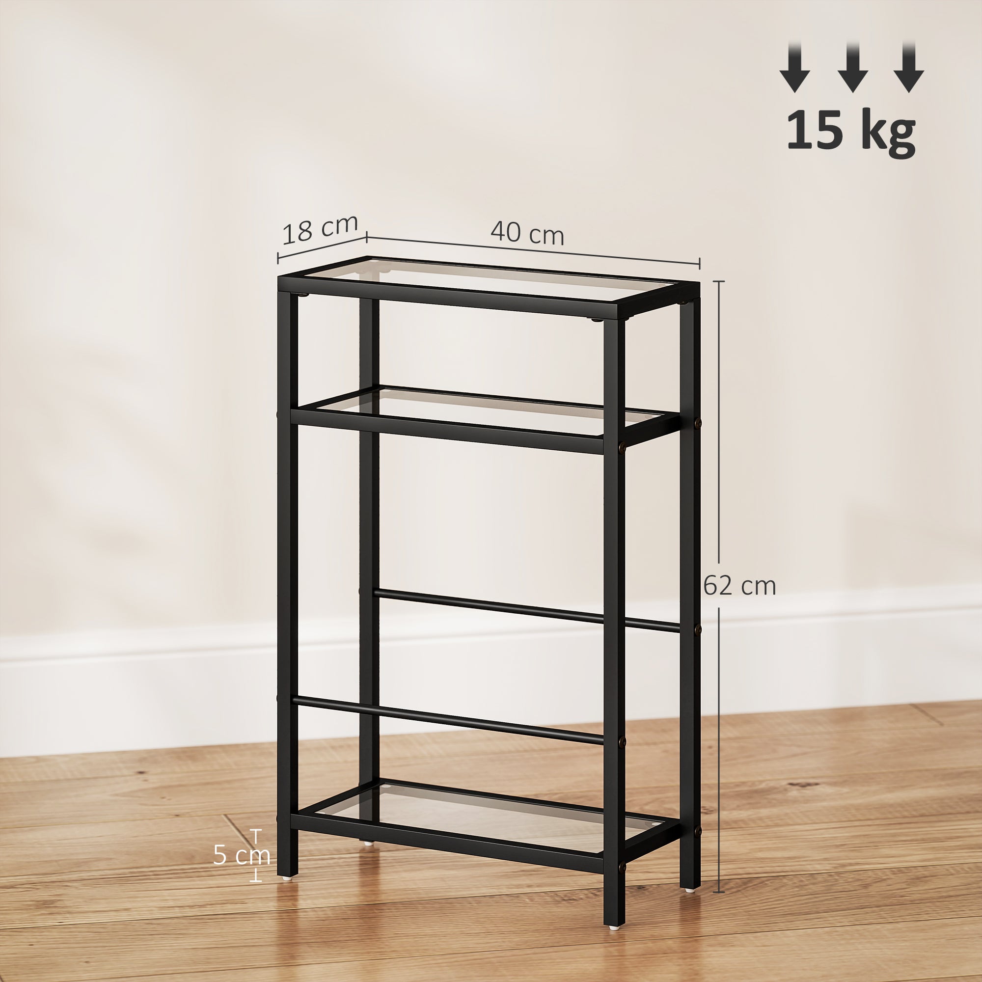 HOMCOM 3-Tier Side Table, Narrow End Table with Storage Shelf and Tempered Glass Tabletop for Small Spaces, Black 