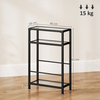 HOMCOM 3-Tier Side Table, Narrow End Table with Storage Shelf and Tempered Glass Tabletop for Small Spaces, Black 