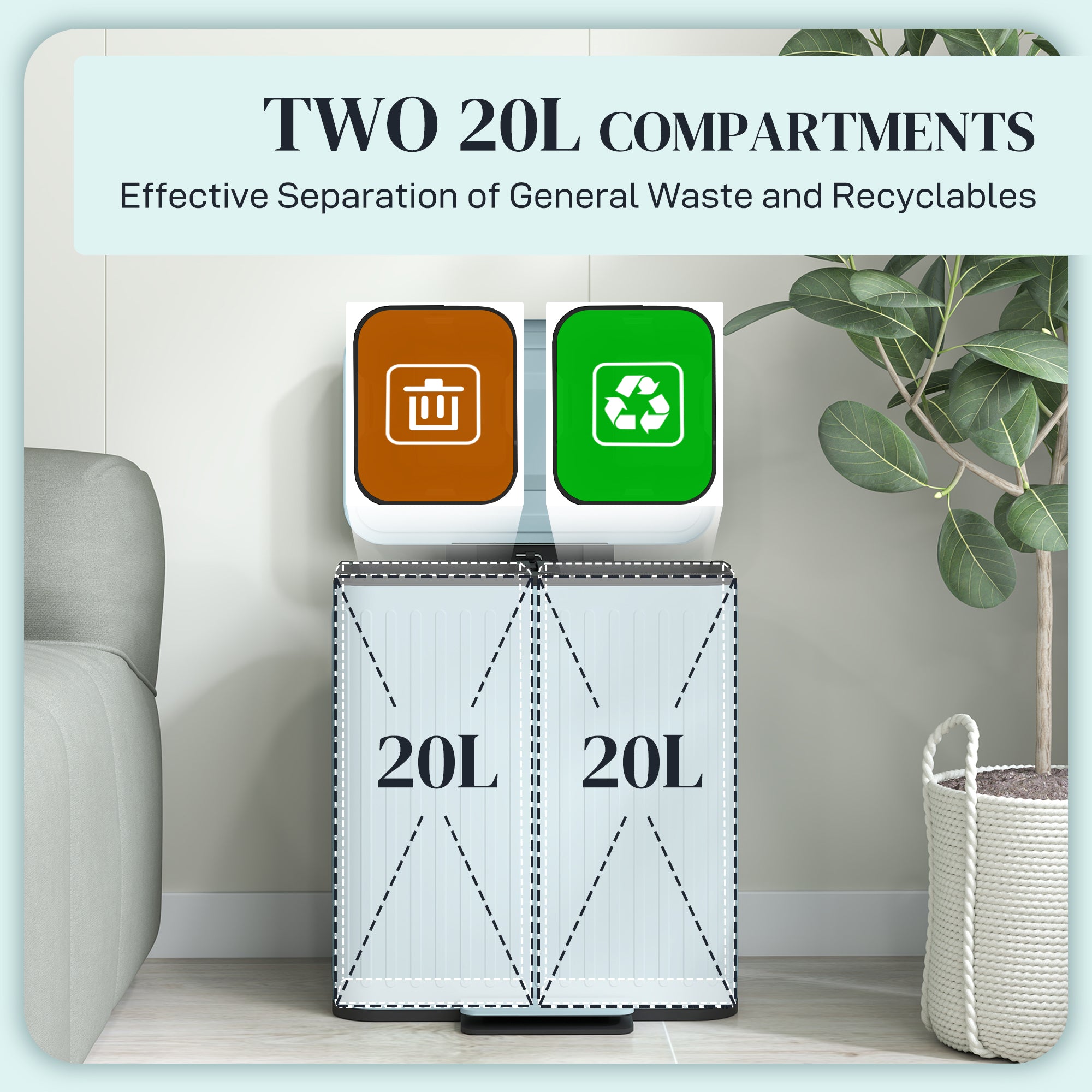 HOMCOM Dual Kitchen Bin, 2 x 20L Double Bin for Recycling and Waste, Fingerprint-proof Pedal Bin with Soft-Close Lid, Removable Inner Buckets, Light Green 