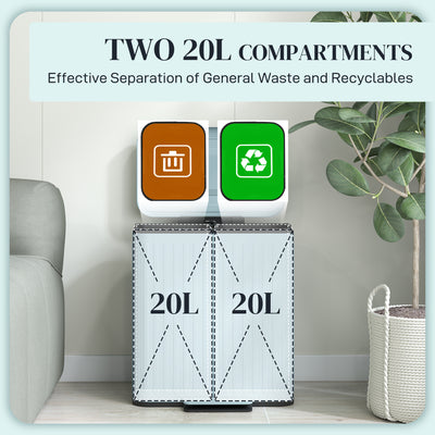 HOMCOM Dual Kitchen Bin, 2 x 20L Double Bin for Recycling and Waste, Fingerprint-proof Pedal Bin with Soft-Close Lid, Removable Inner Buckets, Light Green 