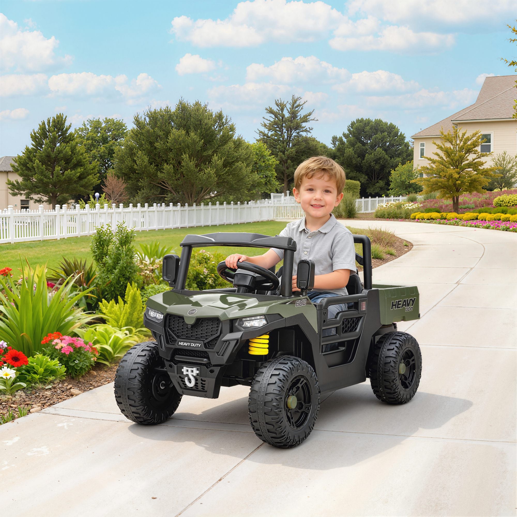 AIYAPLAY Kids Ride on Car, 12V Electric Kids UTV with Electric Dump Bed, 4-Wheel Suspension for 3-8 Years, Green 