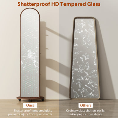 HOMCOM 2-in-1 Full Length Mirror with Storage Shelves, Floor Mirror with 4 Wheels, Coat Rack, Hooks, Brown Wood Effect