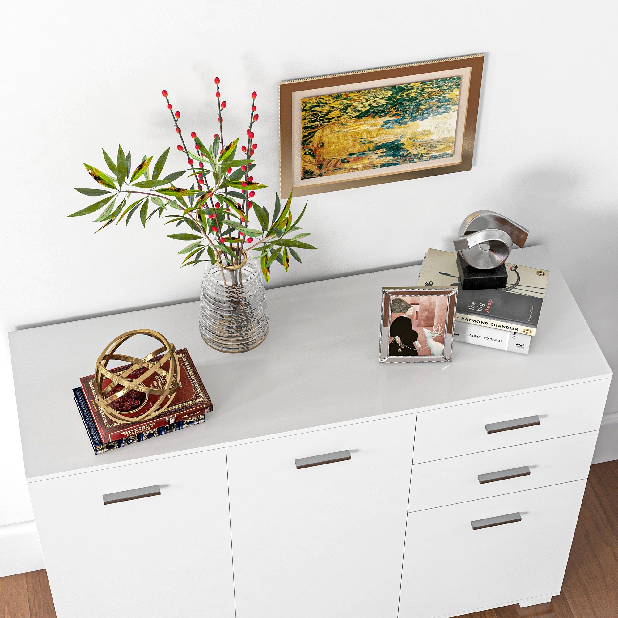 HOMCOM Sideboard, Modern Storage Cabinet with 2 Drawers, 3 Doors and Adjustable Shelves, Kitchen Cabinet for Living Room, Dining Room, High Gloss White 