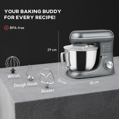HOMCOM 1300W Kitchen Stand Mixer, with Accessories - Silver 