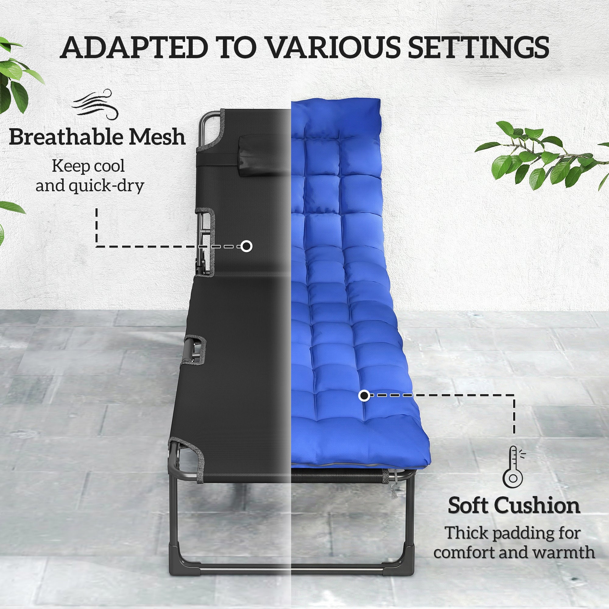 Outsunny Folding Sun Loungers for Garden Set of 2, 5-Position Oversized Camping Bed Recliner with Cushions, Blue 