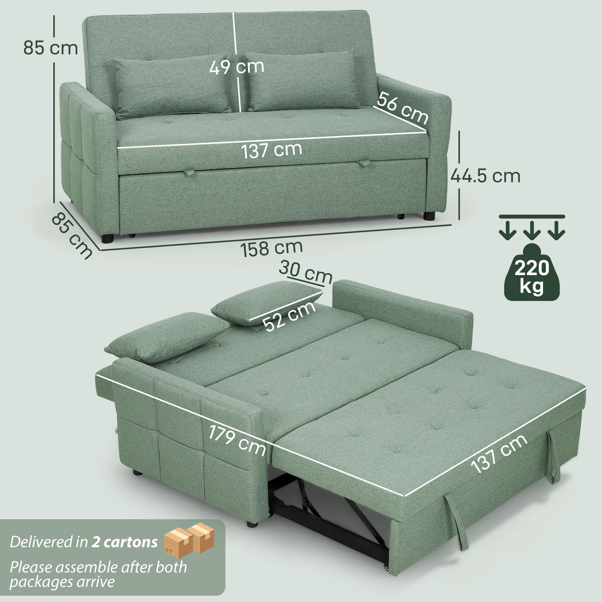 HOMCOM Three-Way 2 Seater Sofa Bed with Three-position back and Two Soft Pillows - Green 