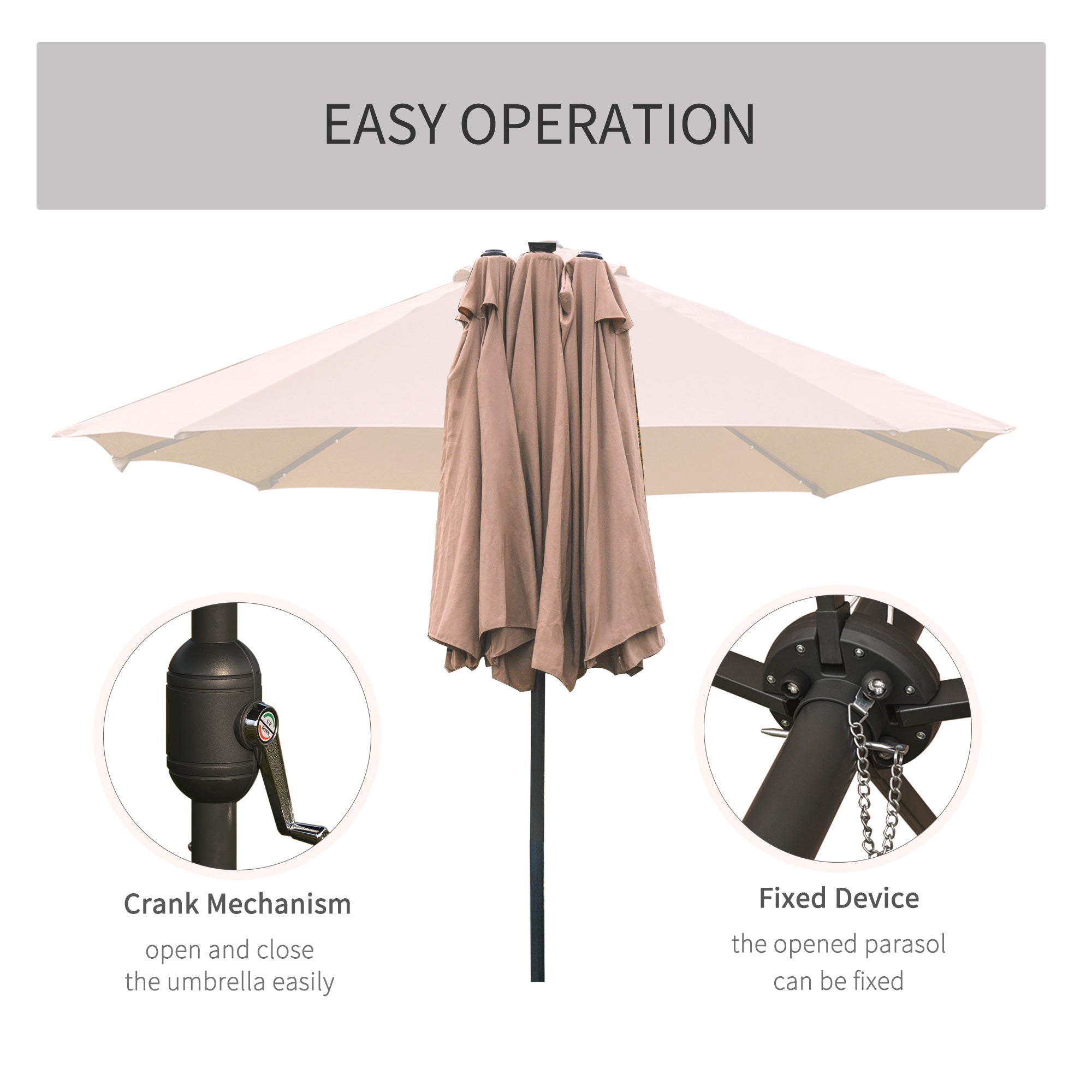 Outsunny Garden Parasol 4.4m Double-Sided Sun Umbrella Patio Parasol LED Solar Lights Khaki 
