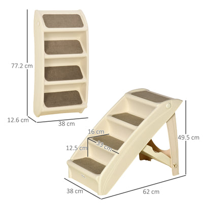 PawHut Foldable Four-Step Pet Stairs, for Cats, Small Miniature Dogs, with Non-Slip Mats 62 x 38 x 49.5cm - Beige 