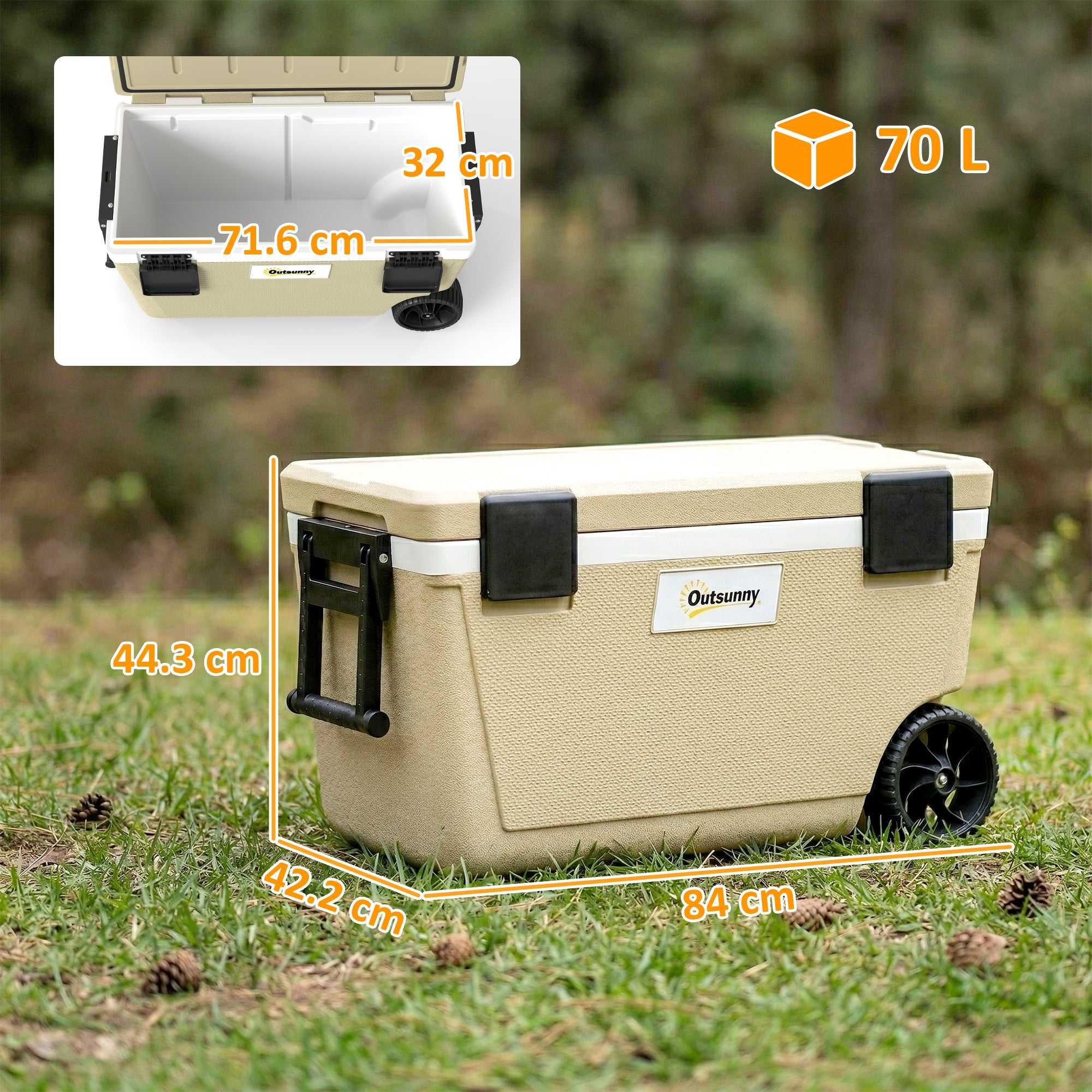 Outsunny 70L Insulated Cool Box with Wheels, Portable Ice Cooler with Handle, Lid and Drain Valve, Khaki 