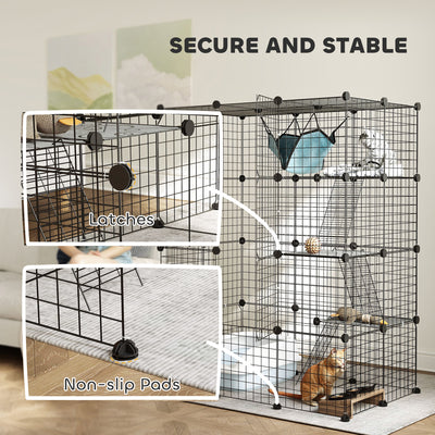 PawHut 4-Tier DIY Large Cat Cage with Hammock, Ramps, 5 Doors, Indoor Use for 1-3 Cats, Black 