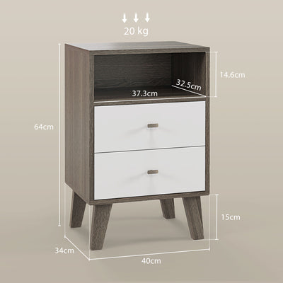 HOMCOM Industrial-Scandinavian Mix Bedside Table, with Drawers and Shelf 