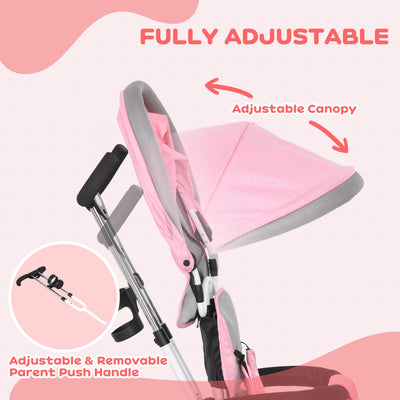 HOMCOM 6 in 1 Kids Trike Push Bike w/ Push Handle, Canopy, 5-point Safety Belt, Storage, Footrest, Brake, for 1-5 Years, Pink 