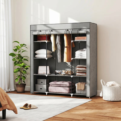 HOMCOM Clothes Storage Organiser with Hanging Rail, Shelves, Portable Wardrobe, Foldable Fabric Wardrobe, Light Grey