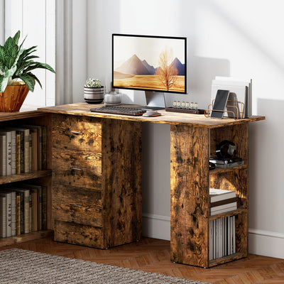 HOMCOM Computer Desk, Writing Table, PC Workstation with 3 Storage Shelves and Drawers, Silver Handle, for Home Office, Rustic Brown 