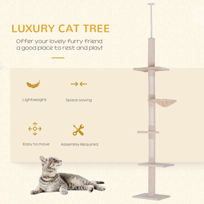 PawHut Floor to Ceiling Cat Tree for Indoor Cats 5-Tier Kitty Tower Climbing Activity Center Scratching Post Adjustable Height 230-260 cm Beige 